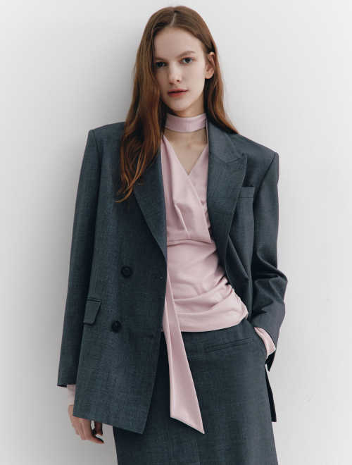 Wool-Blend Belted Double-breasted Blazer CHARCOAL GREY