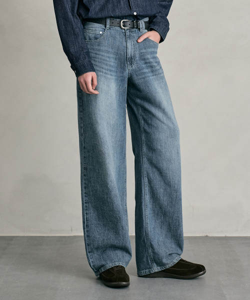 Linen Like Mid Rise Wide Jeans DCPT039MidBlueB