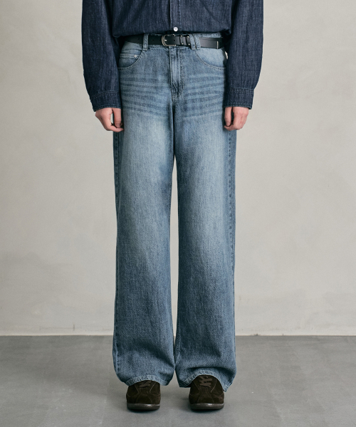 Linen Like Mid Rise Wide Jeans DCPT039MidBlueB