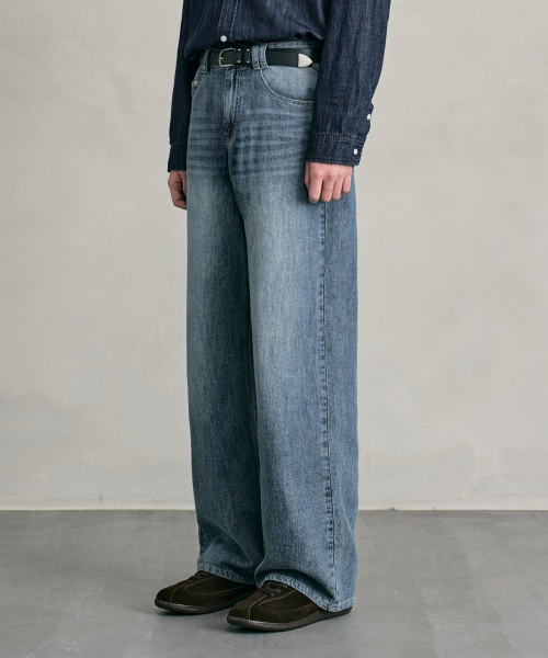 Linen Like Mid Rise Wide Jeans DCPT039MidBlueB
