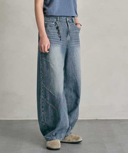 Linen Like Balloon Wide Jeans DCPT060MidBlueB