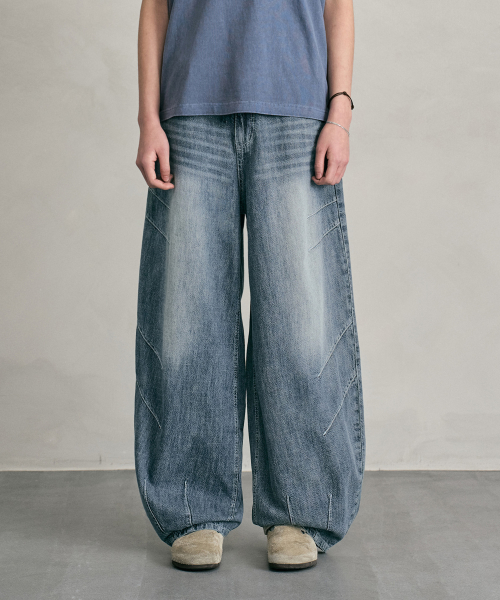Linen Like Balloon Wide Jeans DCPT060MidBlueB
