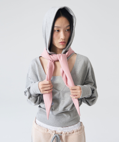 Tie Hooded Top_Gray & Pink