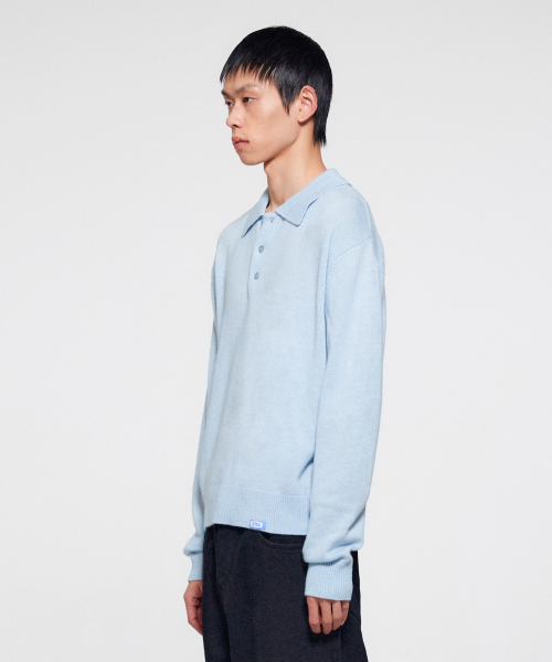 MEN WOOL BLEND POLO SWEATER - LIGHT BLUE