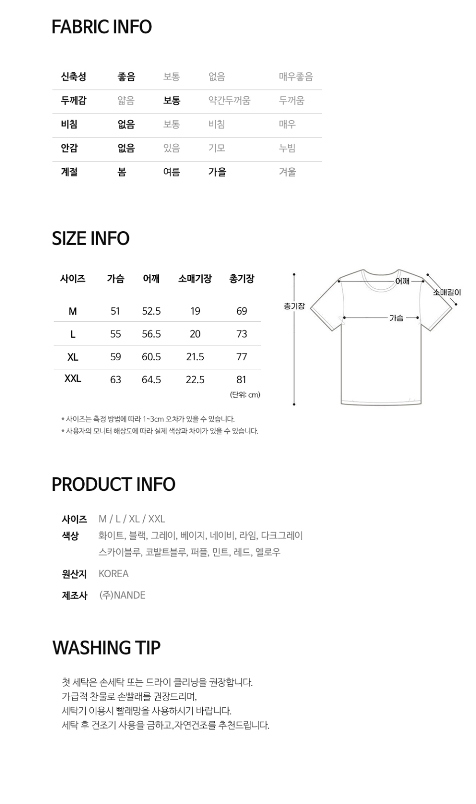 사이즈표 M,L,XL,XXL