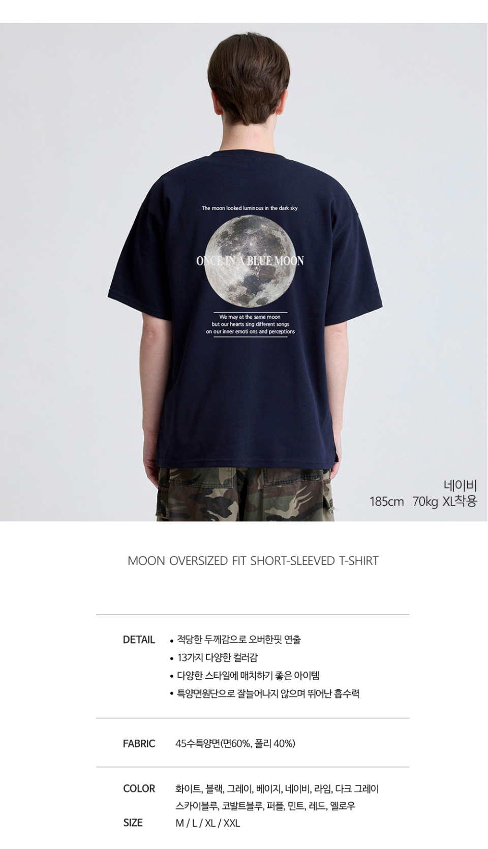 블랙색상 뒷면에 달 프린팅이 있는 반팔 티셔츠를 입은 남자사진