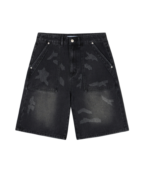 Damaged Bermuda Denim Pants - Black