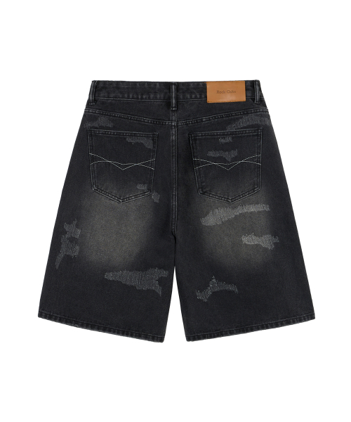 Damaged Bermuda Denim Pants - Black