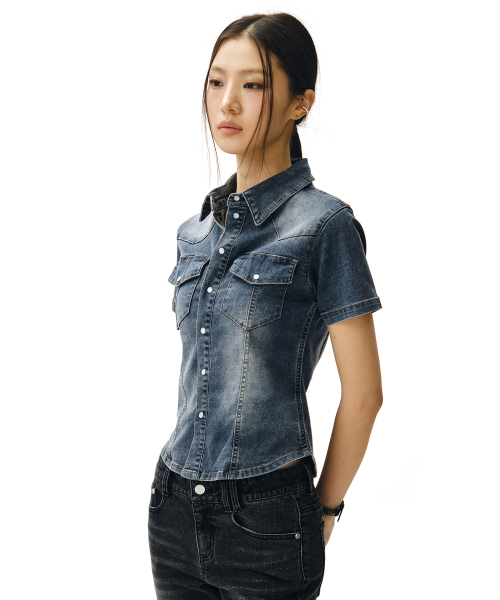 Western Slim Denim Short Shirts DCWSH002BlueA thumbnail 5