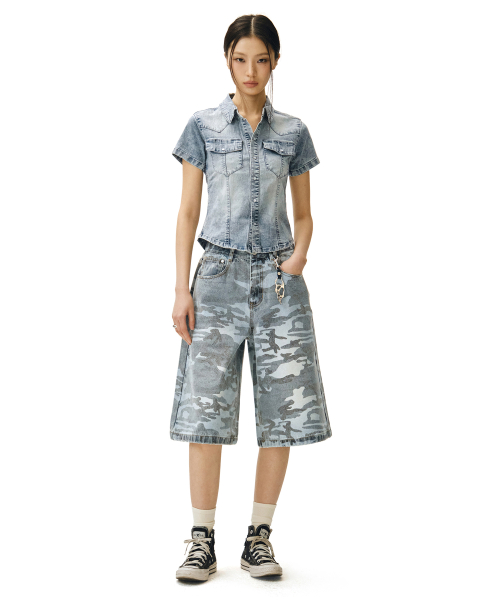 Western Slim Denim Short Shirts DCWSH002LBlueA