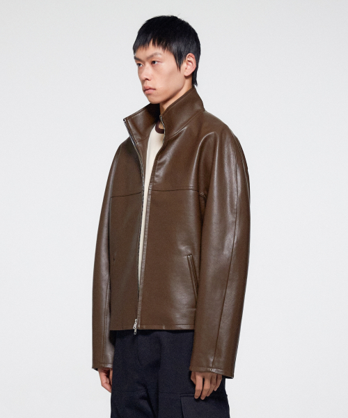 UNISEX FAUX LEATHER OVERSIZED BALL JACKET - BROWN