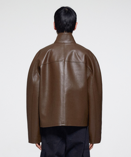 UNISEX FAUX LEATHER OVERSIZED BALL JACKET - BROWN