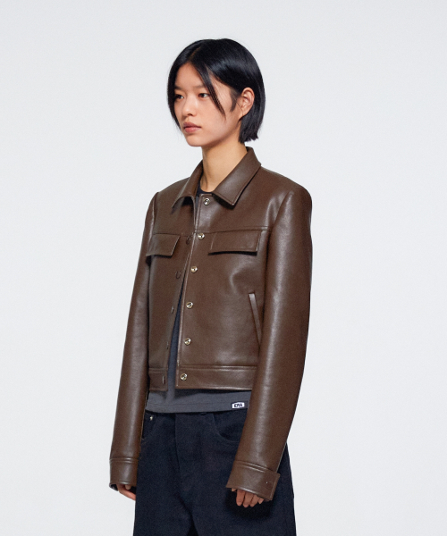 WOMEN CROPPED TRUCKER FAUX LEATHER JACKET - BROWN