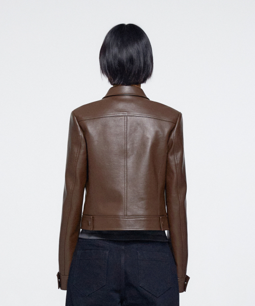 WOMEN CROPPED TRUCKER FAUX LEATHER JACKET - BROWN
