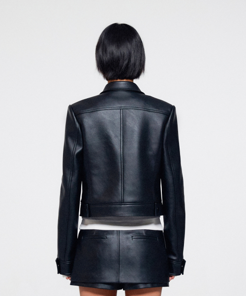 WOMEN CROPPED TRUCKER FAUX LEATHER JACKET - BLACK