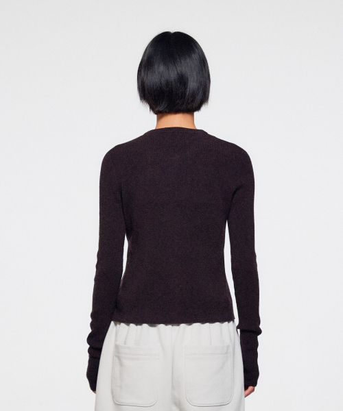 WOMEN SLIM COLLARLESS KNIT CARDIGAN - BROWN