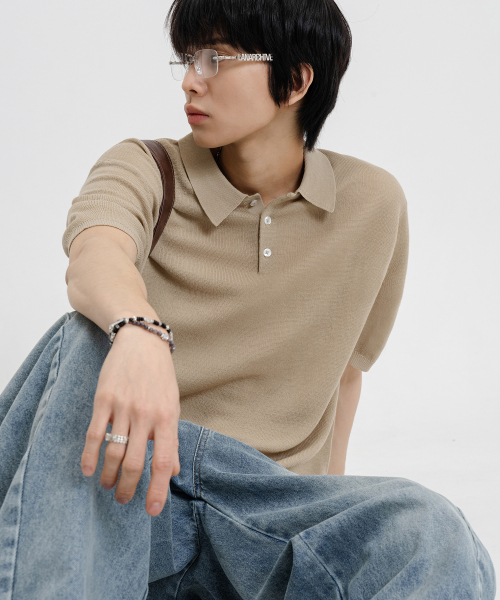 LINEN LIKE OVERFIT WASHABLE COLLAR NECK SHORT SLEEVE KNIT_5COLOR