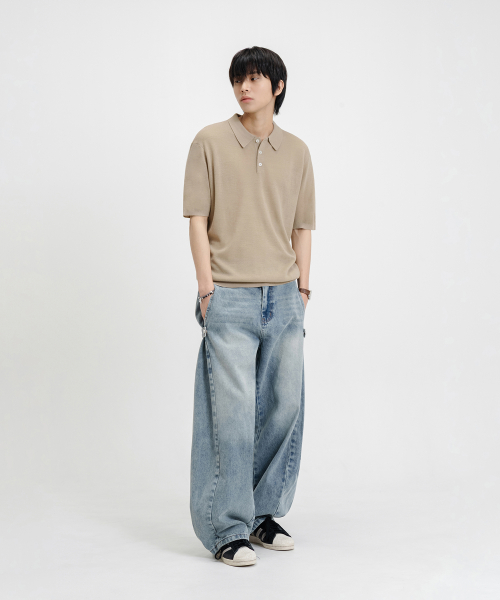 LINEN LIKE OVERFIT WASHABLE COLLAR NECK SHORT SLEEVE KNIT_5COLOR