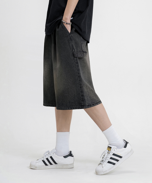 BERMUDA WIDE ONE-TUCK CARPENTER WASHED DENIM BANDING SHORTS_3COLOR
