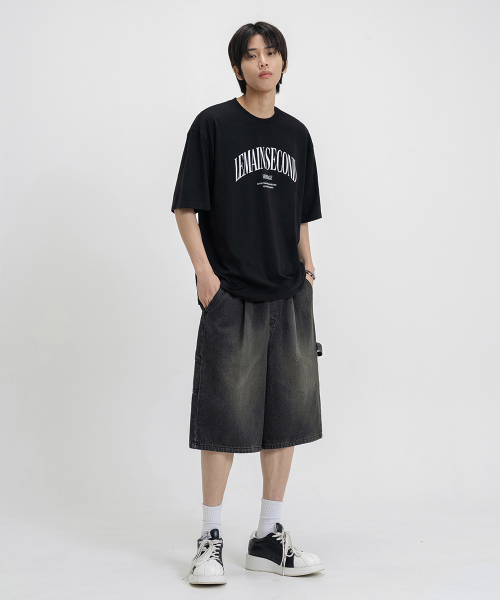 BERMUDA WIDE ONE-TUCK CARPENTER WASHED DENIM BANDING SHORTS_3COLOR