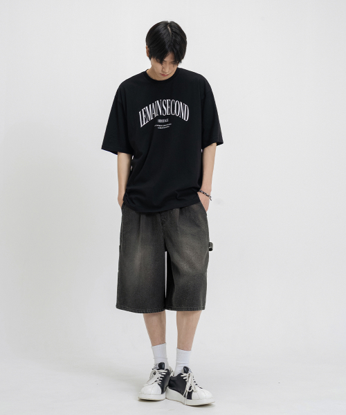 BERMUDA WIDE ONE-TUCK CARPENTER WASHED DENIM BANDING SHORTS_3COLOR