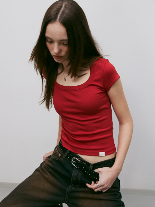 Classic Soft Deep Square Neck T-shirt (RED)