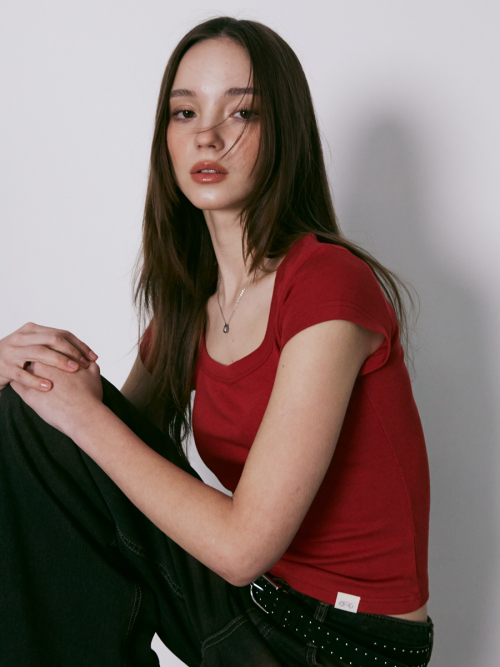 Classic Soft Deep Square Neck T-shirt (RED)