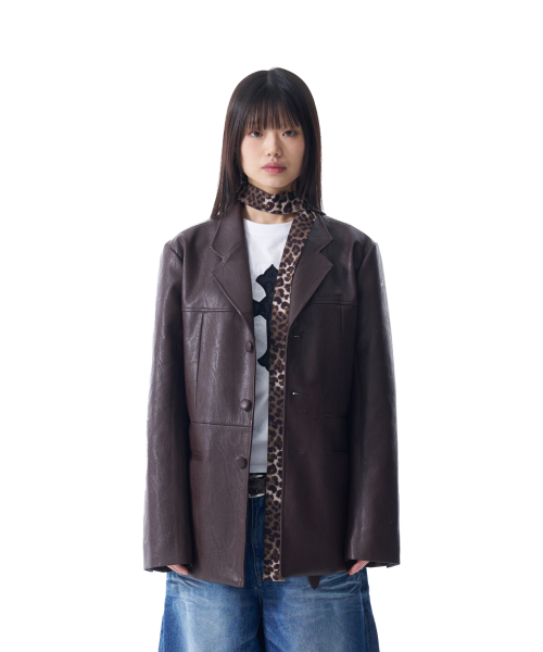 3-Button Leather Blazer (Brown)