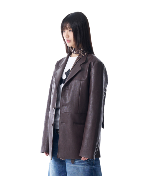 3-Button Leather Blazer (Brown)