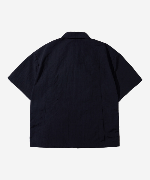 Nylon Taslan Offset Zip Pocket Half Shirts - Black