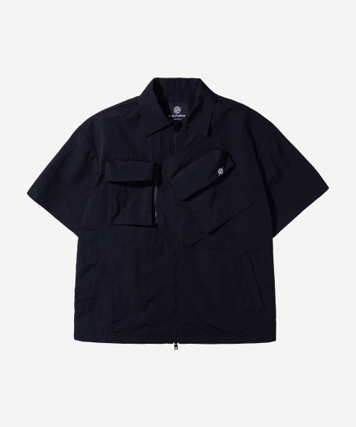 Nylon Taslan Offset Zip Pocket Half Shirts - Black