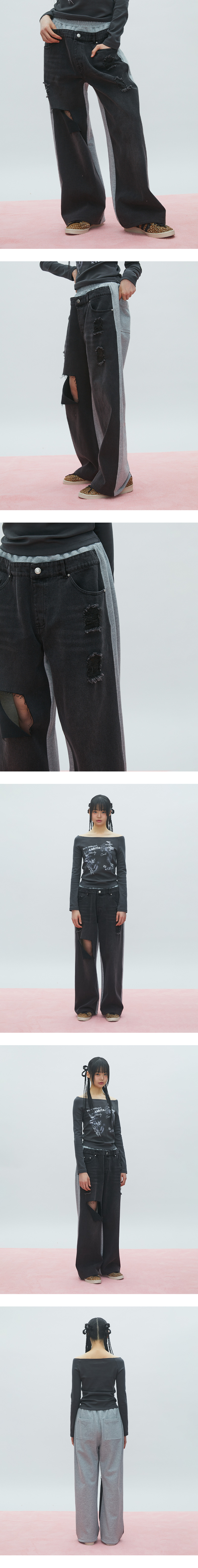 MUSINSA | LALAFOX HALF DENIM HALF SWEAT PANTS Denim Sweat