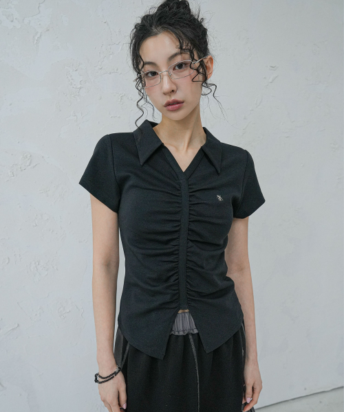 V Shirring Collar Tee - 4COL