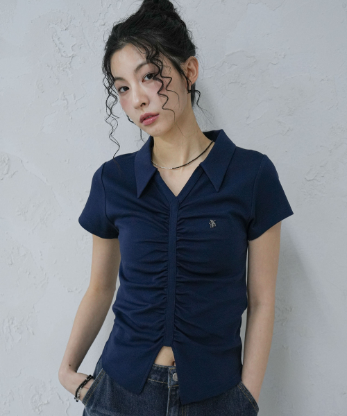 V Shirring Collar Tee - 4COL
