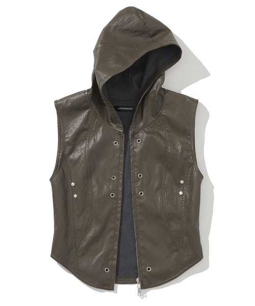 W Eyelet Leather Hood Vest - Brown
