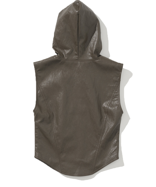 W Eyelet Leather Hood Vest - Brown