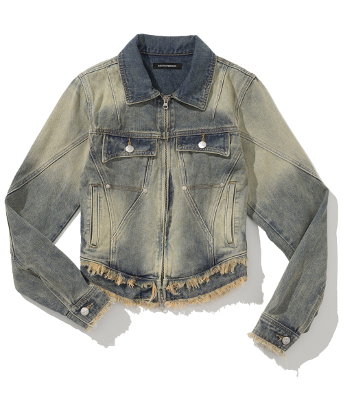 W Cut Off Incision Vintage Denim Jacket - Deep Blue