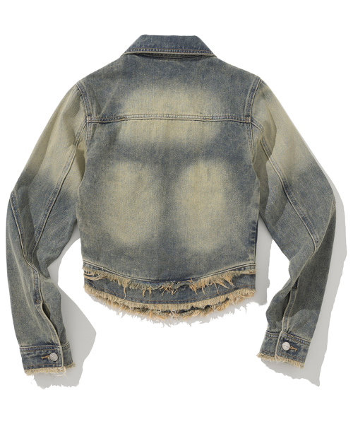 W Cut Off Incision Vintage Denim Jacket - Deep Blue