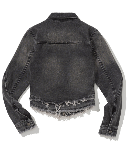 W Cut Off Incision Vintage Denim Jacket - Black