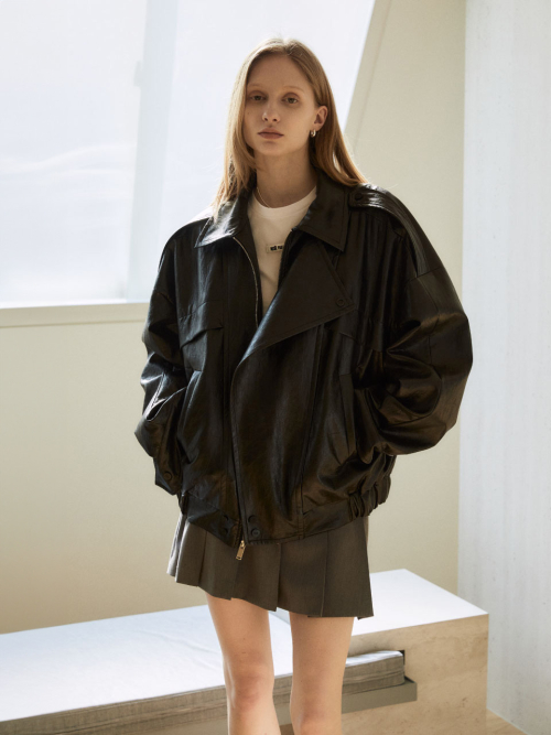 MADRID Oversize Leather Rider Jacket_Dark Black