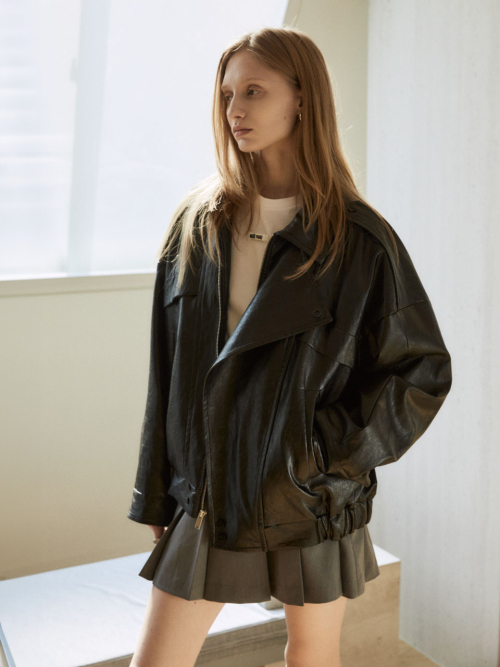 MADRID Oversize Leather Rider Jacket_Dark Black