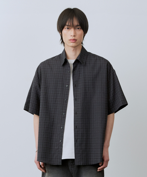 Wrinkle Seersucker Check Short Sleeve Shirt [Charcoal]