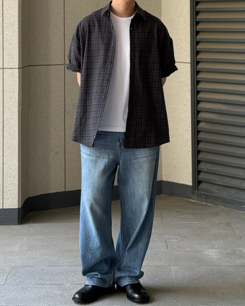 Wrinkle Seersucker Check Short Sleeve Shirt [Charcoal]