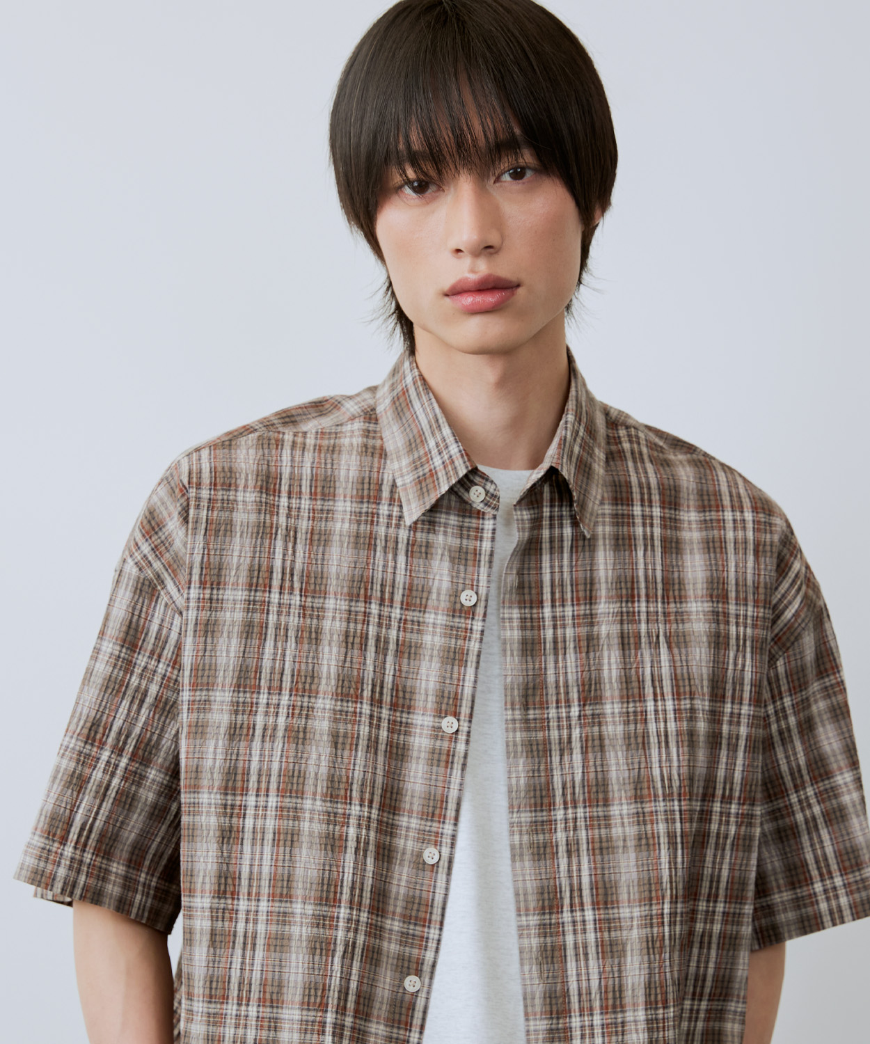 Wrinkle Seersucker Check Short Sleeve Shirt [Khaki]