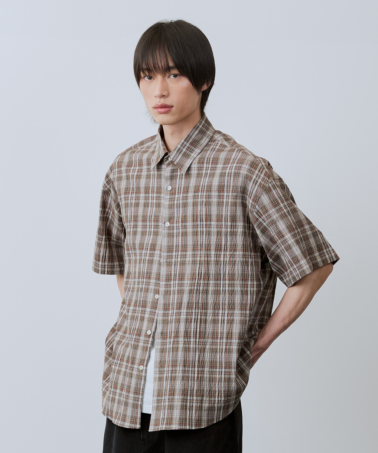 Wrinkle Seersucker Check Short Sleeve Shirt [Khaki]