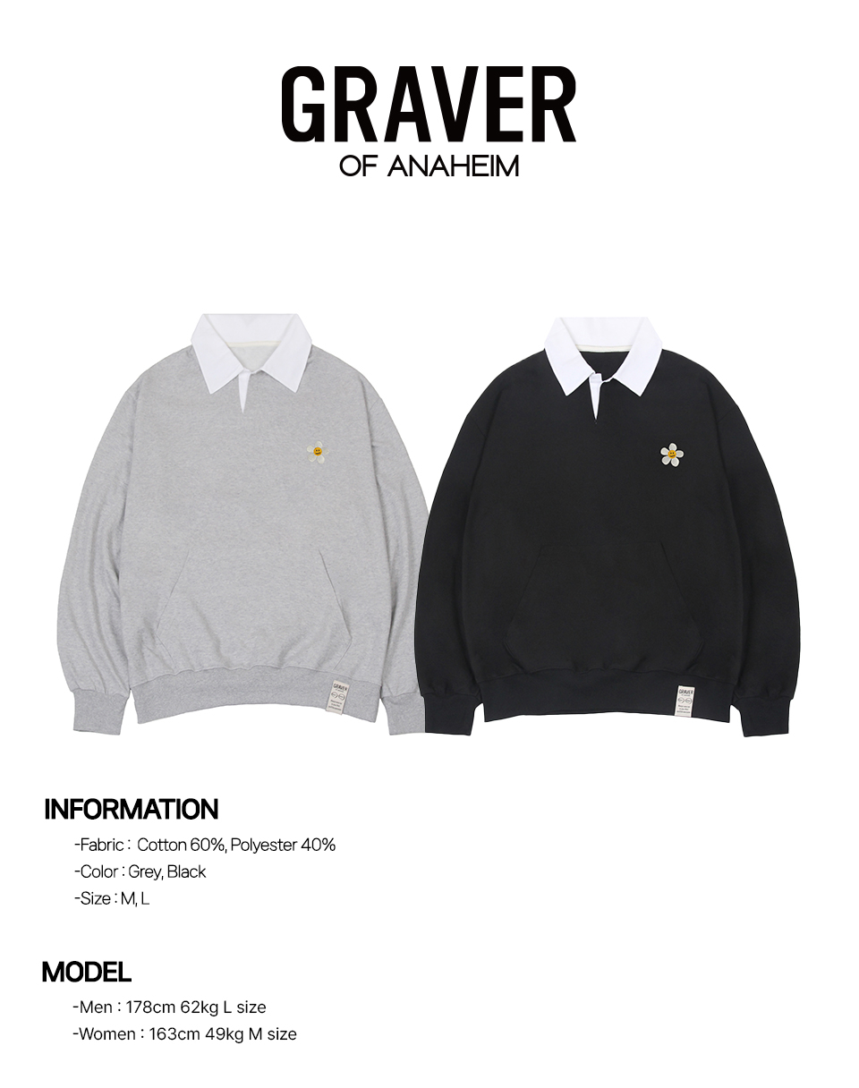 【GRAVER】White Flower Embroidery Half Zip Up Sweatshirt UNISEX] White flower embroidery half zip-up clip Collar