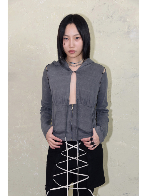 SLEEVE-OFF SHIRRING HOODIE