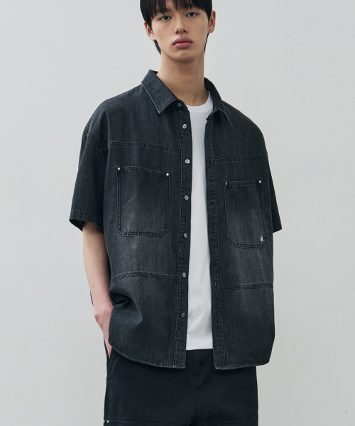 Contrast Vintage Denim Half Shirt [Washed Black]