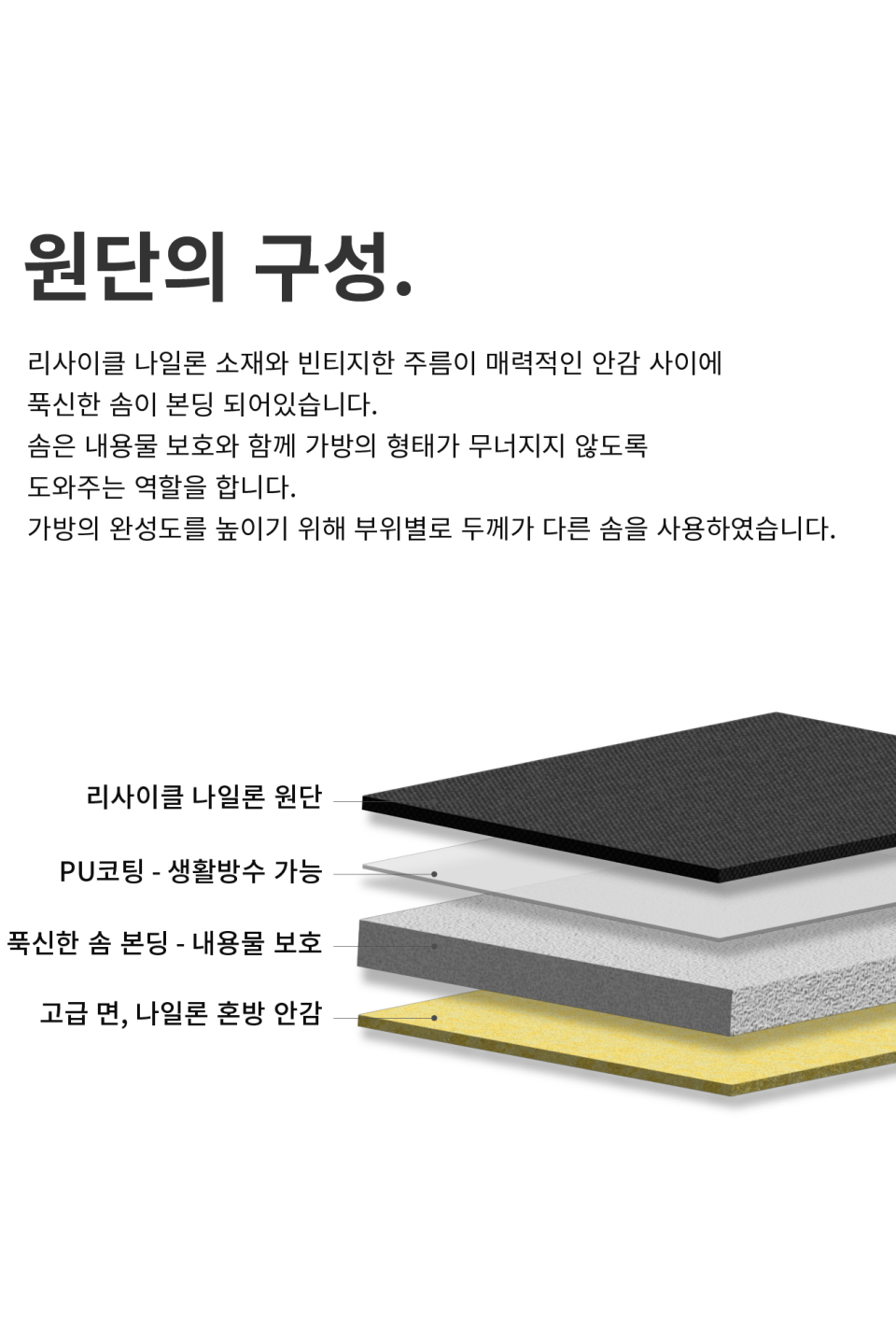 내용물 보호와 함께 가방의 형태가 무너지지 않도록 솜본딩이 되어있습니다.