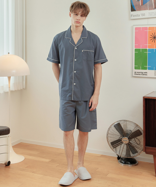Classic Gray Mens Short Sleeve Pajamas Set